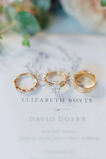 Wedding rings resting on a printed invitation